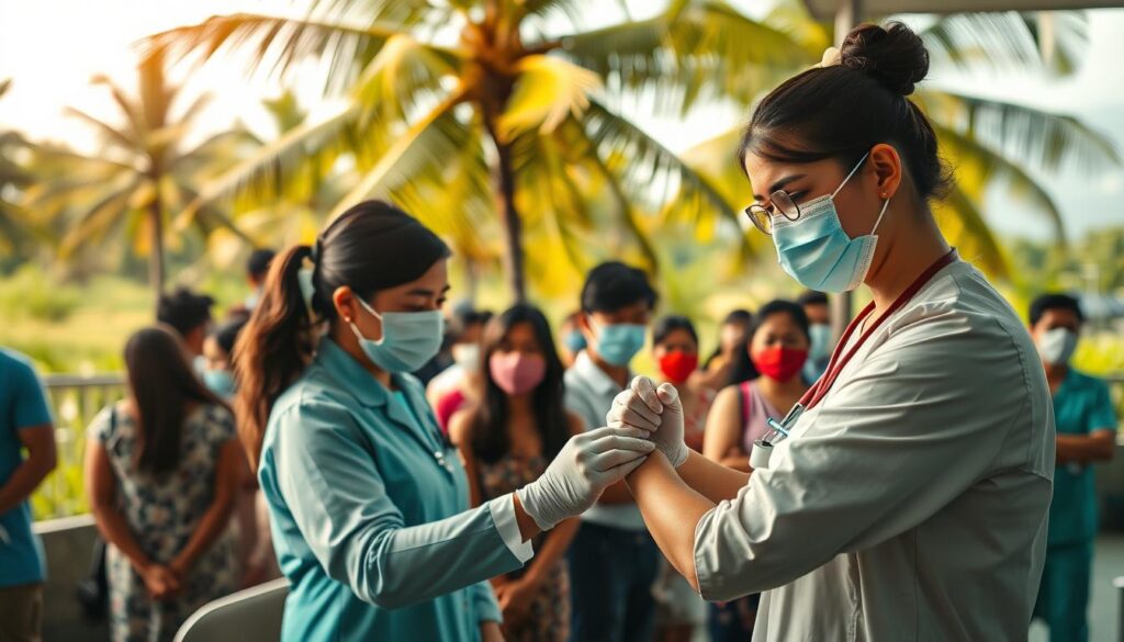 A vibrant scene of healthcare professionals administering vaccinations in Thailand. In the foreground, a nurse carefully prepares a syringe while a patient rolls up their sleeve. In the middle ground, a diverse group of people wait patiently, ready to receive their shots. The background features a tropical landscape with palm trees swaying in the warm breeze, conveying the relaxed yet diligent atmosphere of a public health clinic. Soft, natural lighting illuminates the scene, creating a sense of care and reassurance. The overall mood is one of proactive preventive care, ensuring the health and safety of the Thai people.