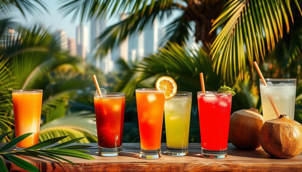 A vibrant scene of refreshing Thai beverages set against a backdrop of lush tropical foliage. In the foreground, an array of colorful drinks - from the iconic Thai iced tea with its distinct orange hue, to the alluring crimson of fresh pomegranate juice, and the translucent green of young coconut water. Placed on a rustic wooden table, the beverages are illuminated by warm, golden lighting, casting gentle shadows and highlighting their enticing textures. In the middle ground, verdant palm fronds sway gently, creating a sense of tranquility, while the background features a blurred cityscape of towering skyscrapers, hinting at the urban vibrancy of Thailand. The overall mood is one of refreshment, rejuvenation, and an escape from the tropical heat.