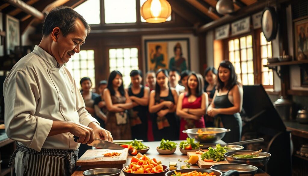 A vibrant scene of traditional Thai cooking instructors sharing their expertise in a warm, rustic kitchen. In the foreground, two skilled chefs stand side-by-side, meticulously slicing and chopping fresh ingredients, their hands moving with practiced precision. The middle ground reveals a group of eager students watching intently, their faces alight with fascination. In the background, the walls are adorned with traditional Thai artwork and cookware, creating an authentic and immersive atmosphere. Soft, natural lighting filters in through large windows, casting a golden glow over the scene. The instructors' expressions convey a sense of pride and passion as they guide their students through the time-honored techniques of authentic Thai cuisine.