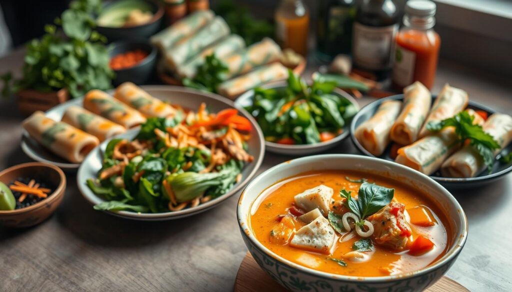 A vibrant spread of traditional Thai vegetarian and vegan dishes, masterfully crafted with fresh, locally-sourced ingredients. In the foreground, a steaming bowl of aromatic coconut milk-based curry, its vibrant hues complemented by tender vegetables and aromatic herbs. Beside it, a platter of flavorful stir-fried greens, their crisp textures contrasting with the soft, silky tofu. In the middle ground, a selection of colorful, expertly-rolled spring rolls, their translucent wrappers revealing the vibrant fillings within. In the background, a scatter of fresh herbs, fragrant spices, and condiments, setting the stage for this authentic, plant-based Thai culinary experience. Soft, natural lighting illuminates the scene, creating a warm, inviting atmosphere.