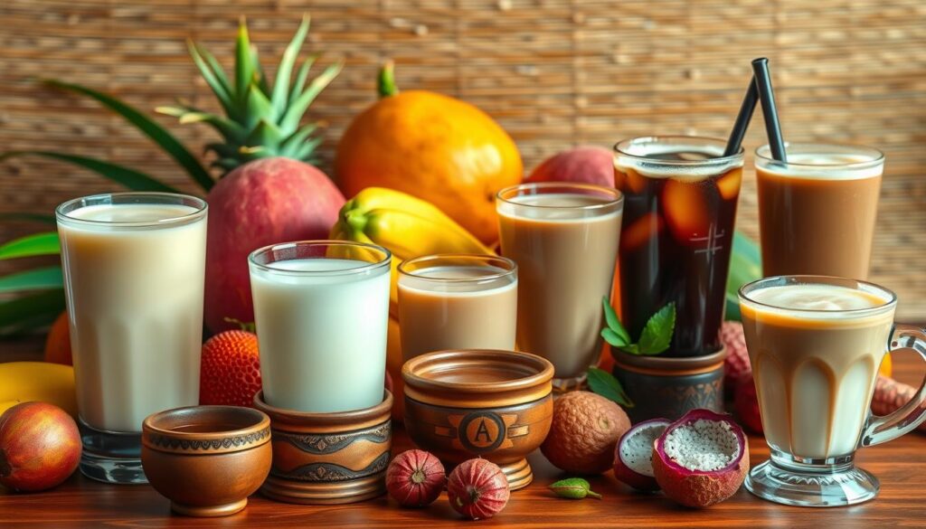 A vibrant still life showcasing a variety of unique Thai drinks, bathed in warm, natural lighting. In the foreground, an array of traditional Thai clay cups and glasses filled with exotic beverages, including creamy coconut water, fragrant jasmine tea, and a signature Thai iced coffee with condensed milk. In the middle ground, fresh tropical fruits like ripe mangoes, dragon fruit, and lychee add pops of color. The background features a woven bamboo mat, hinting at the rustic, artisanal nature of these local specialties. The overall composition evokes the vibrant, flavorful, and refreshing experience of discovering Thailand's seasonal and regional drink offerings.
