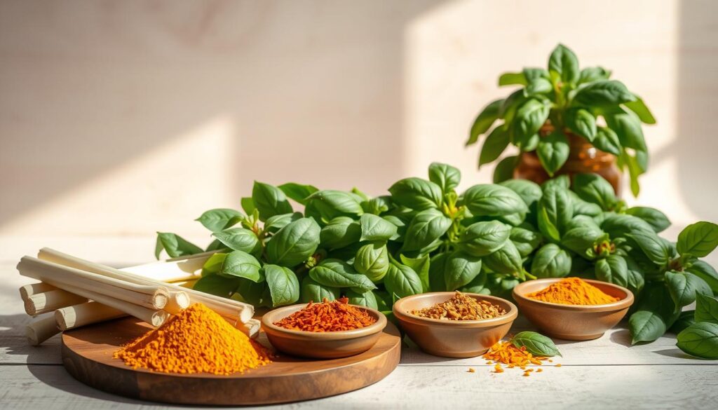 A vibrant still life showcasing an array of authentic Thai herbs and spices. In the foreground, a wooden board displays a lush arrangement of fresh lemongrass, galangal, kaffir lime leaves, and fragrant Thai basil. In the middle ground, small ceramic bowls hold piles of ground cumin, coriander, turmeric, and chili flakes, their warm hues and textures inviting the viewer to imagine their flavors. The background features a soft, neutral backdrop that allows the vibrant colors and natural forms of the ingredients to take center stage, lit by soft, diffused natural light that casts gentle shadows. The overall composition conveys the essential role these flavorful elements play in the rich and diverse culinary traditions of Thailand.