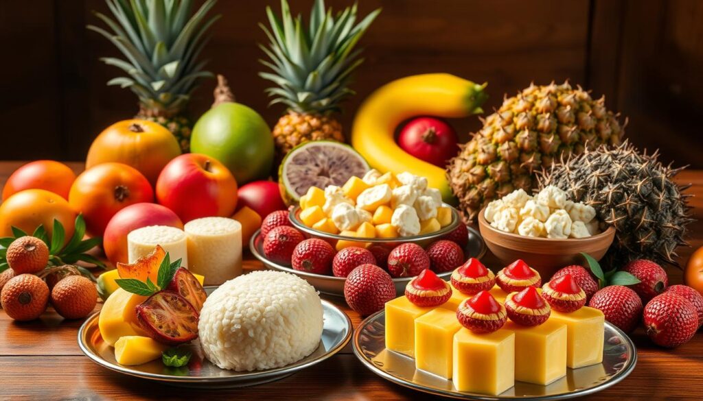 A vibrant still life showcasing an array of traditional Thai desserts adorned with an assortment of luscious tropical fruits. In the foreground, a delicate Khao Niaow Ma Muang (sticky rice with mango) sits alongside a platter of delicate Kanom Krok (coconut pudding cups) and a bowl of colorful Khao Niaow Turian (sticky rice with durian). The middle ground features a variety of fruits, including ripe mangoes, dragon fruit, pineapple, and lychee, arranged artfully on a wooden table. Soft, warm lighting illuminates the scene, highlighting the rich hues and textures of the desserts and fruits. The overall atmosphere evokes the vibrant flavors and traditions of Thai cuisine.