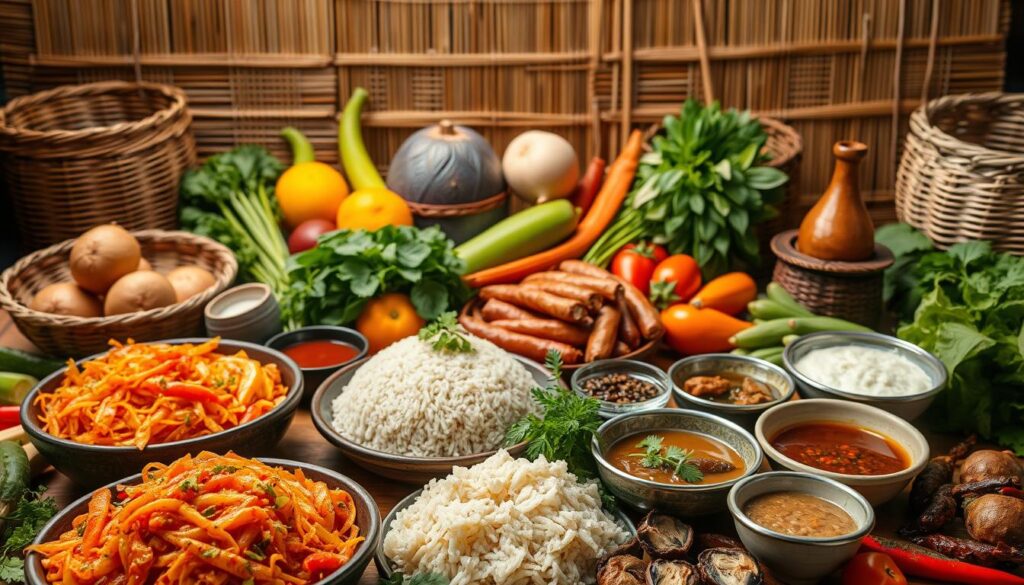 A vibrant still life showcasing the distinctive flavors of Isan, the northeastern region of Thailand. In the foreground, a feast of regional delicacies - spicy som tam papaya salad, grilled sticky rice, and a variety of pungent dips and sauces. The middle ground features a selection of fresh produce and herbs, their vibrant colors and textures complementing the dishes. In the background, a rustic bamboo mat and woven baskets evoke the traditional Thai countryside setting. Warm, diffused lighting casts a soft glow, highlighting the textures and bringing out the complex aromas. The overall composition conveys the bold, unapologetic essence of Isan cuisine - a harmony of sweet, sour, spicy, and umami flavors.