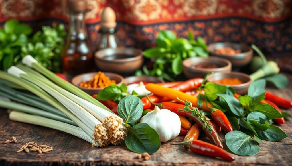 A vibrant still life showcasing the diverse flavors and spices of Thai cuisine. In the foreground, a collection of fresh herbs and spices, including lemongrass, kaffir lime leaves, galangal, and Thai chili peppers, arranged artfully on a rustic wooden surface. The middle ground features a selection of traditional Thai seasonings, such as fish sauce, soy sauce, and tamarind paste, in earthy ceramic bowls. In the background, a hint of a traditional Thai patterned textile adds warmth and cultural context to the scene. The lighting is warm and natural, casting a soft glow over the arrangement, capturing the essence of the rich, aromatic flavors that define Thai cuisine.
