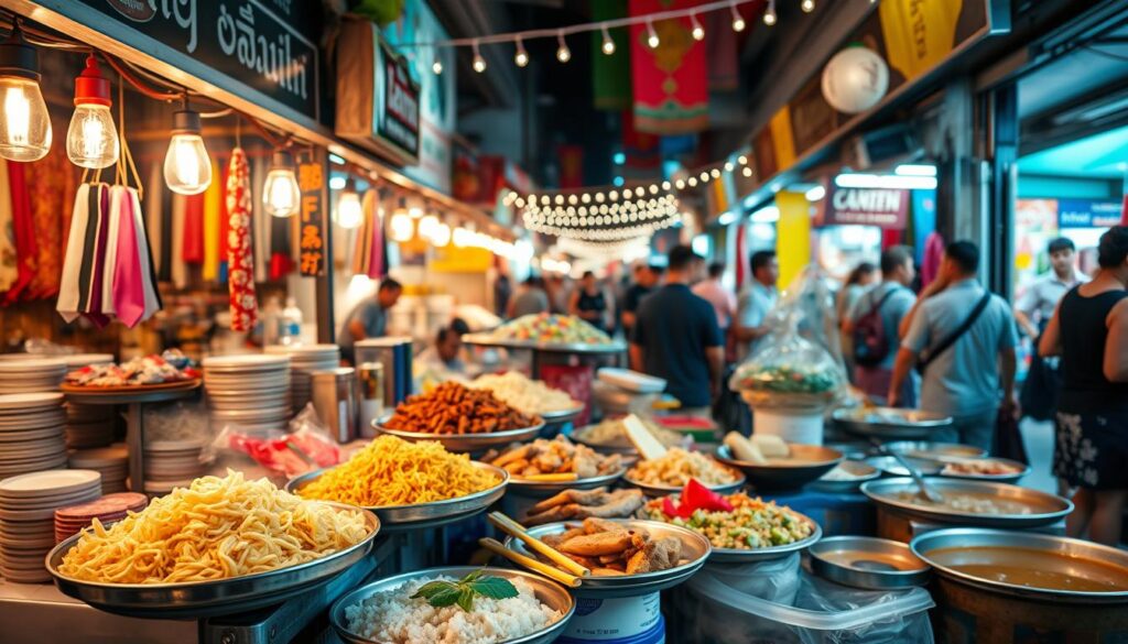 A vibrant street scene in Bangkok, Thailand, showcasing a diverse array of popular local dishes. In the foreground, a bustling street vendor stall offers steaming plates of Pad Thai, Khao Niaow Ma Muang (mango sticky rice), and Khao Niaow Ping (grilled sticky rice). In the middle ground, a colorful array of freshly prepared Som Tam (papaya salad), Moo Ping (grilled pork skewers), and Khao Soi (coconut curry noodle soup) tempt passersby. The background is filled with the lively atmosphere of a bustling Thai night market, with twinkling fairy lights, vibrant fabrics, and the aroma of spices and herbs permeating the air. The scene is bathed in a warm, golden light, capturing the authentic and inviting essence of Thailand's renowned street food culture.
