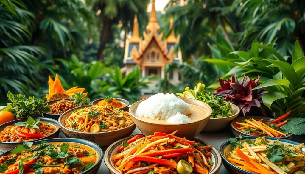 A vibrant tableau of Thai vegetarian dishes set against a backdrop of lush tropical foliage. In the foreground, an array of colorful curries, stir-fries, and salads, each dish brimming with fresh herbs, crisp vegetables, and aromatic spices. The middle ground features a steaming bowl of fragrant coconut-infused tom kha, accompanied by a platter of fluffy sticky rice. In the background, a serene Thai temple emerges, its gilded spires and intricate carvings creating a sense of tranquility. The scene is bathed in warm, diffused lighting, lending a soft, inviting atmosphere. The overall composition captures the essence of Thailand's rich vegetarian culinary traditions, showcasing the country's diverse and flavorful plant-based offerings.