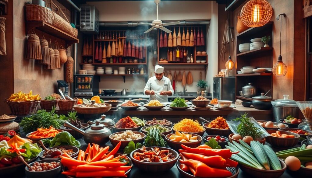A vibrant tableau of authentic Thai cooking tutorials, captured in a warm, inviting setting. In the foreground, a meticulously arranged display of colorful ingredients and traditional cooking utensils. The middle ground features a well-equipped kitchen, with chefs diligently preparing fragrant dishes against a backdrop of rustic wooden shelves and hanging spices. The composition is illuminated by soft, natural lighting, casting a gentle glow and creating an atmosphere of culinary expertise and cultural heritage. The overall scene conveys a sense of artistry, tradition, and the joyful exploration of Thailand's rich gastronomic traditions.