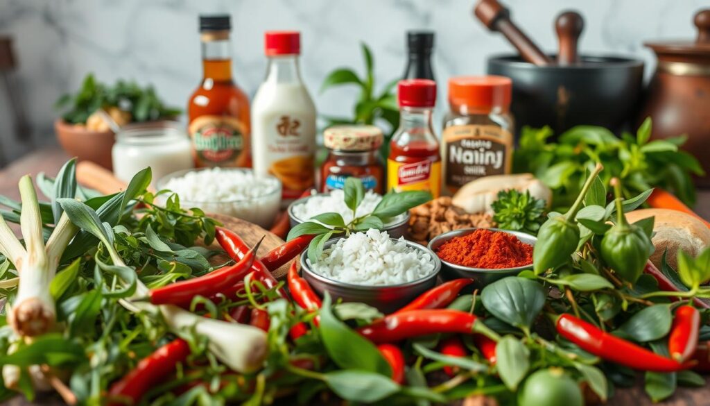 A vibrant tableau of essential Thai flavours, shot with a wide-angle lens and soft, natural lighting. In the foreground, a tangled array of fresh herbs and spices - lemongrass, galangal, kaffir lime leaves, red chilies. In the middle ground, an assortment of Thai staples - steaming jasmine rice, creamy coconut milk, fiery red curry paste, and the distinctive silhouettes of fish sauce and palm sugar. The background features the blurred shapes of traditional Thai cooking implements - mortar and pestle, wok, and clay pots. The overall mood is one of richness, complexity, and the vibrant essence of Thai cuisine.