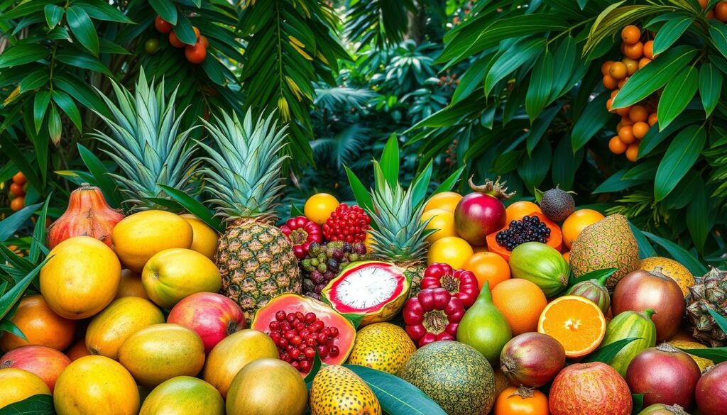 A vibrant tropical scene featuring an array of lush, ripe fruits indigenous to Thailand. In the foreground, a vibrant display of mangoes, pineapples, papayas, and dragonfruit, their colors and textures meticulously detailed. The middle ground showcases an assortment of exotic berries and citrus fruits, their leaves glistening under warm, diffused lighting. In the background, a verdant jungle canopy frames the scene, lending an atmosphere of verdant abundance. The composition is balanced, with a sense of depth and natural harmony, capturing the essence of Thailand's rich, flavorful fruit culture.