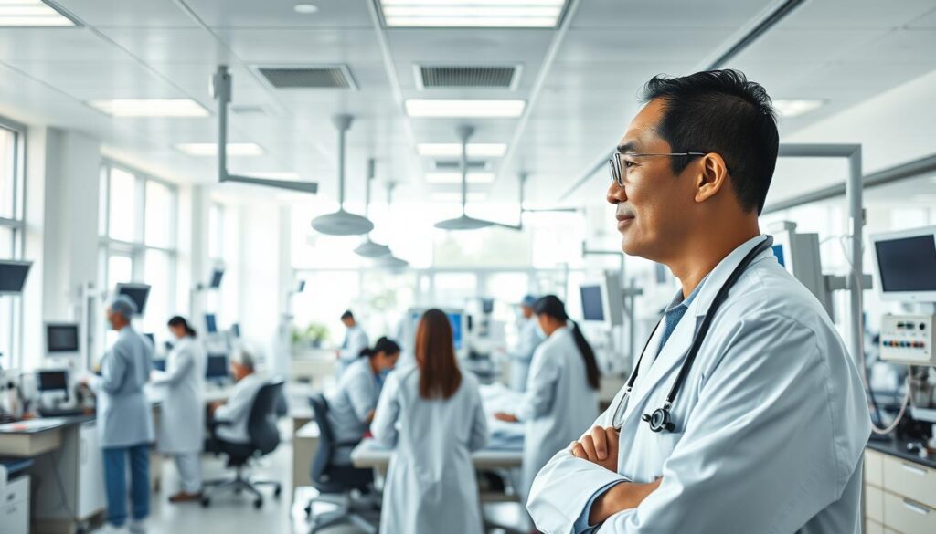 A well-equipped hospital with modern medical facilities, bustling with healthcare professionals attending to patients. The interior is bright and clean, with an atmosphere of calm efficiency. Crisp white walls, gleaming medical equipment, and an abundance of natural light streaming through large windows. In the foreground, a doctor in a pristine lab coat consults a patient, while nurses diligently monitor vital signs. The scene conveys a sense of professionalism, care, and the high standards of Thailand's renowned medical system.
