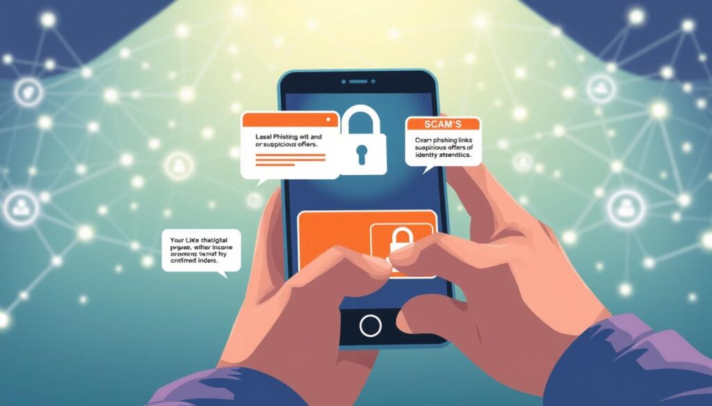 A well-lit digital illustration depicting a set of online security tips against scams. In the foreground, a person's hands cautiously navigating a smartphone screen, with pop-up windows showcasing common scam tactics like phishing links, suspicious offers, and identity theft attempts. The middle ground features a padlock icon, signifying secure online practices. In the background, a network of digital connections and data flows, highlighting the vast, interconnected nature of the internet. The overall tone is one of vigilance and digital literacy, empowering the viewer to stay safe while exploring the online world.