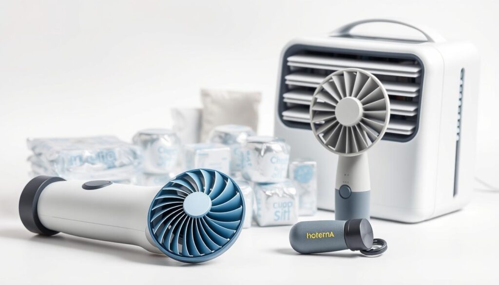 A well-lit, high-quality photograph of an assortment of modern, sleek cooling gadgets and accessories on a white background. In the foreground, a powerful handheld misting fan with adjustable speeds and an ergonomic grip. In the middle ground, a compact, battery-powered neck fan with soft, flexible blades. In the background, a set of reusable ice packs in various shapes and sizes, alongside a personal evaporative air cooler with a minimalist design. The lighting is soft and diffused, highlighting the smooth textures and elegant forms of the cooling devices. The overall mood is one of utility, efficiency, and relief from the sweltering heat.