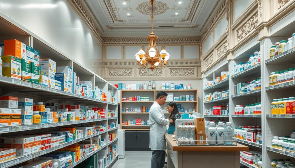 A well-lit, high-resolution image of a Thai pharmacy interior. In the foreground, rows of neatly organized shelves stocked with various pharmaceutical products, including boxes, bottles, and vials. In the middle ground, a pharmacist in a white lab coat assisting a customer at the counter, conveying a sense of professionalism and helpful service. The background features Thai-style architectural elements, such as ornate wall moldings and decorative lighting fixtures, creating a warm, authentic ambiance. The overall scene exudes a sense of trust, quality, and adherence to proper medication guidance in a Thai healthcare setting.