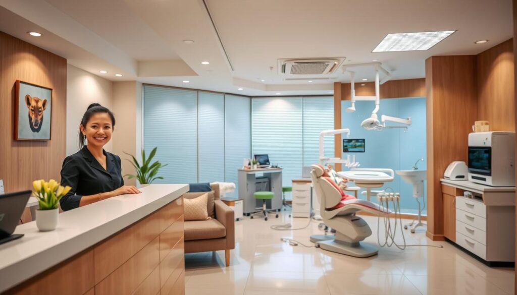 A well-lit, modern dental clinic in Thailand, with a clean, professional atmosphere. The foreground features a reception desk with a smiling receptionist, and a cozy waiting area with comfortable seating. The middle ground showcases state-of-the-art dental equipment and a skilled dentist performing a procedure on a patient. The background highlights the clinic's attention to hygiene, with sterilized tools and a spotlessly clean environment. The lighting is warm and inviting, conveying a sense of trust and care. The overall scene exudes a feeling of safety, reliability, and high-quality medical services.