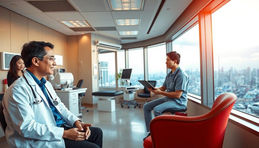 Affordable healthcare Thailand, a vibrant scene of modern medical facilities and attentive staff. In the foreground, a patient comfortably seated, discussing treatment options with a compassionate doctor. The middle ground showcases a well-equipped examination room, gleaming with state-of-the-art technology. In the background, a panoramic view of the bustling city, a testament to Thailand's thriving medical tourism industry. Warm, natural lighting filters through large windows, creating a calming atmosphere. A wide-angle lens captures the sense of space and attention to detail that defines the medical experience in Thailand.