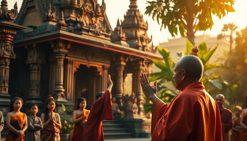 An ancient Thai temple with intricate carvings and ornate spires, bathed in warm, golden light. In the foreground, a healer in traditional robes performs a ritual, hands raised in a gesture of healing. Wisps of incense drift through the air, creating an atmosphere of serenity and mysticism. In the middle ground, students observe the healer, their faces alight with reverence and curiosity. The background features lush, verdant foliage, hinting at the rich natural resources that have long been integral to Thai healing practices. Detailed, cinematic, realistic, 8K resolution.