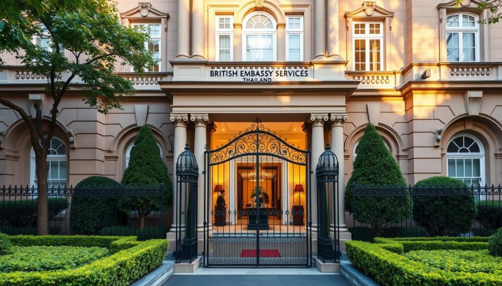 British Embassy Services Thailand, a stately sandstone structure nestled in the heart of Bangkok, its regal facade illuminated by warm afternoon light. Manicured gardens and a wrought-iron gate frame the entrance, conveying a sense of official diplomacy. The building's classical design, with ornate columns and arched windows, reflects the enduring connection between the UK and Thailand. Inside, the lobby exudes an air of quiet professionalism, where consular staff assist British nationals with a range of essential services, from passport renewals to emergency repatriation. The scene evokes a steadfast commitment to supporting travelers, a vital resource for those navigating the complexities of international affairs.