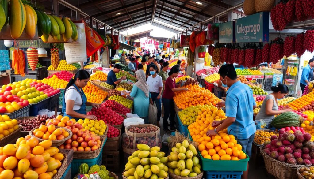 Bustling Thai fruit markets, overflowing with vibrant colors and enticing aromas. A kaleidoscope of tropical delights, from gleaming mangoes and papayas to fragrant durians and lychees. Vendors energetically hawk their wares, their voices mingling with the hum of activity. Wooden stalls and woven baskets dotting the scene, creating a timeless, authentic atmosphere. Soft, natural lighting filters through the canopy, casting a warm glow on the abundant displays. Shoppers navigate the crowded aisles, carefully selecting the ripest, most flavorful fruits to take home. The air is thick with the scent of exotic fruits, transporting you to the heart of Thailand's bountiful produce culture.