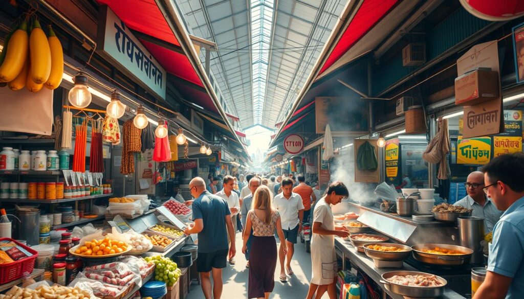 Bustling Thai street food market, vibrant stalls and vendors under warm afternoon sunlight, fresh produce and sizzling woks, the aroma of spices and sauces wafting through the air, people moving through the crowded walkways, a lively atmosphere of local life and culinary delights, wide angle lens capturing the energy and authenticity of this iconic Southeast Asian scene.