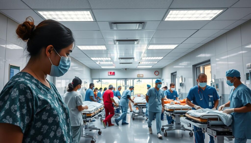 Bustling emergency ward in Bangkok, Thailand. Bright fluorescent lights illuminate the scene of medical professionals in scrubs and masks rushing to aid patients on stretchers. Crisp white walls and gleaming medical equipment create a sense of urgency and precision. In the foreground, a worried family member anxiously waits, while the middle ground showcases the organized chaos of the emergency response. Soft natural light filters in from windows, casting a warm glow over the intensely focused medical team. An atmosphere of high-stakes care and diligence pervades the space, capturing the importance of being prepared for potential medical emergencies.
