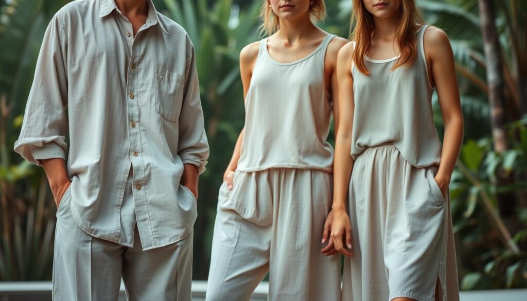Detailed portrait of cooling clothing for hot and humid weather. Featuring lightweight, breathable fabrics in muted, natural tones. Casual, comfortable silhouettes with strategic ventilation panels. Foreground showcases a loose-fitting linen shirt and wide-leg pants. Middle ground includes a mesh-paneled tank top and knee-length skirt. Background fades into a tranquil, tropical setting with lush greenery. Soft, diffused lighting creates a serene, relaxed atmosphere. Captured with a wide-angle lens to emphasize the airy, breezy feel of the ensemble. The overall impression evokes a sense of effortless, practical style for navigating hot, humid conditions.