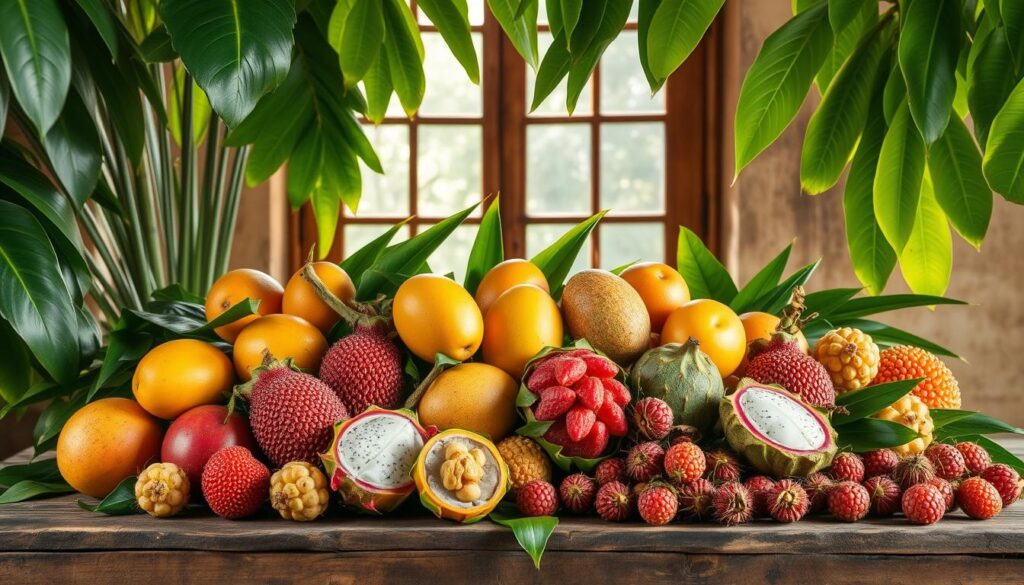 Lush tropical foliage frames a bountiful display of seasonal Thai fruits. A vibrant array of mangoes, dragonfruit, rambutan, longan, and lychee spill across a rustic wooden table, illuminated by warm natural light filtering through a large window. The produce appears fresh and inviting, its colors and textures popping against the earthy, neutral background. A sense of abundance and sensory delight pervades the scene, capturing the essence of Thailand's flavorful seasonal bounty. The composition is balanced and visually striking, inviting the viewer to imagine the delicious tastes and aromas of these exotic tropical delights.