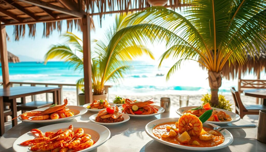 Prompt A vibrant beachside restaurant nestled along the Thai coastline, with white sand and crystal-clear turquoise waters in the background. In the foreground, a table is set with an array of fresh seafood dishes, including grilled prawns, steamed crab, and a fragrant seafood curry. Warm, golden sunlight filters through the open-air dining area, creating a cozy and inviting atmosphere. Lush palm trees sway gently in the gentle sea breeze, and the sound of crashing waves adds to the serene, tropical ambiance. The scene evokes the perfect blend of Thai coastal cuisine and relaxed, beachside dining.