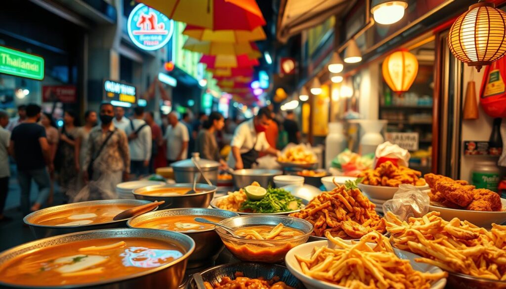 Vibrant and authentic Thai street food dishes, captured in a bustling urban setting. In the foreground, an array of iconic delicacies - steaming bowls of aromatic Tom Yum Goong, sizzling Pad Thai noodles, and crispy Golden Chicken. Vendors in the middle ground skillfully prepare these mouthwatering specialties, surrounded by the lively energy of a crowded street market. In the background, colorful umbrellas and neon signs create a captivating atmosphere, transporting the viewer to the heart of Thailand's vibrant street food culture. Warm, natural lighting and a slightly tilted camera angle lend a dynamic, documentary-style feel to the scene.