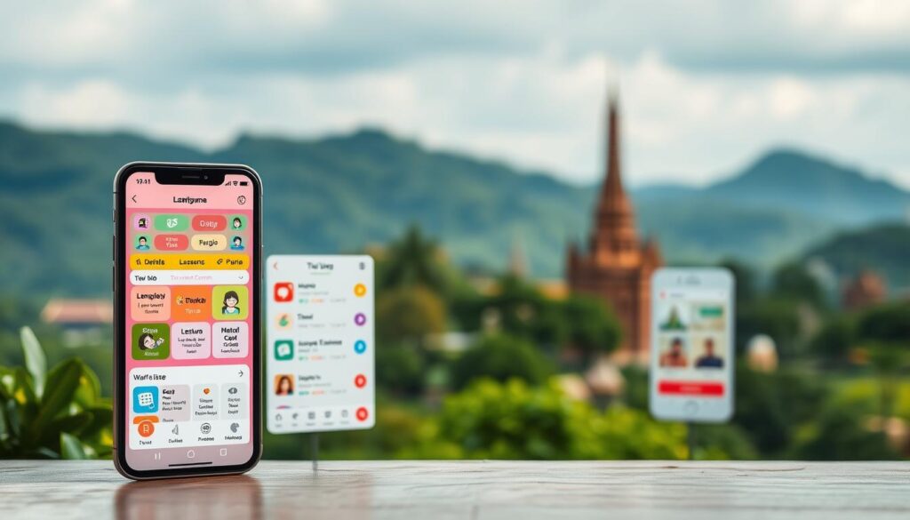 Vibrant and intuitive language learning apps, meticulously crafted against a backdrop of serene Thai landscapes. A sleek smartphone display showcases a diverse array of interactive lessons, audio exercises, and playful gamification elements. In the middle ground, a user-friendly interface invites effortless navigation, while the background features lush greenery and the iconic silhouette of a Thai temple, evoking a sense of cultural immersion. Soft, diffused lighting illuminates the scene, creating a welcoming and calming atmosphere to enhance the language learning experience.