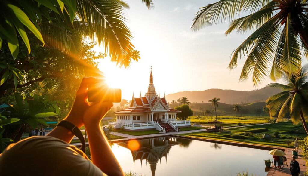 Vibrant golden sunlight filters through lush tropical foliage, illuminating a serene Thai landscape. In the foreground, a photographer, poised with a sleek camera, frames an elegant Buddhist temple, its ornate spires and intricate carvings reflected in a still pond. The middle ground showcases colorful local vendors, their wares and activities lending a bustling energy. In the distance, rolling hills dotted with verdant rice paddies and swaying palm trees create a picturesque backdrop, the warm hues of sunset casting a magical glow over the entire scene. Capture the tranquility and timeless beauty of Thailand at the golden hour.