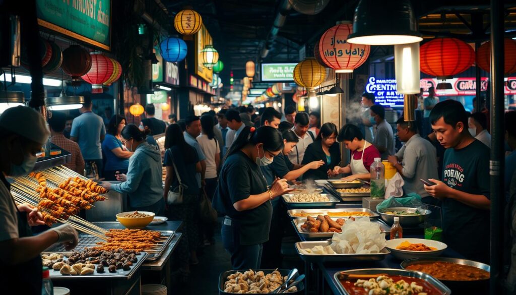 Vibrant night market in Bangkok, bustling with vendors and patrons. Dimly lit stalls selling an array of steaming street food - skewered meats, fried dumplings, and fragrant curries. In the foreground, a vendor deftly handling fresh ingredients, ensuring food safety. Middle ground shows customers carefully examining dishes, looking for signs of proper handling. Background depicts a lively, crowded atmosphere with colorful lanterns and neon signs illuminating the scene. Soft, warm lighting casts a cozy glow, creating an inviting and authentic night market ambiance. A sense of vibrancy and energy, with an undercurrent of vigilance around food preparation and hygiene.