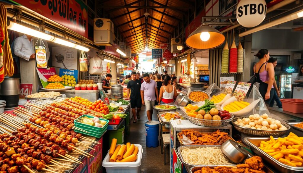 Vibrant open-air market in Thailand, bustling with vendors selling an array of mouthwatering street food. In the foreground, colorful stalls offer sizzling skewers of marinated meats, fragrant curries, and crispy fried delicacies. The middle ground showcases steaming noodle dishes, fresh tropical fruits, and tantalizing desserts. In the background, a lively crowd navigates the narrow alleyways, creating an energetic atmosphere. Warm, natural lighting casts a golden glow, highlighting the vibrant colors and textures of the dishes. The scene conveys the unique, immersive experience of exploring Thailand's renowned street food culture.