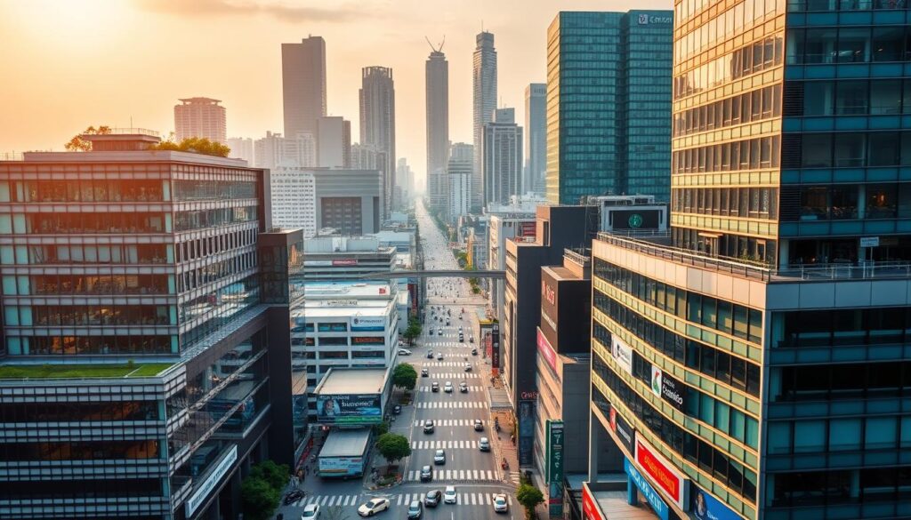 Vivid panorama of gleaming healthcare facilities in bustling Bangkok, Thailand. In the foreground, a modern high-rise hospital with sleek glass facades and lush rooftop gardens. In the middle ground, bustling streets lined with specialty clinics and outpatient centers, their signage reflecting the city's diverse medical expertise. In the background, the iconic skyscrapers of Bangkok's financial district frame the scene, bathed in warm, golden afternoon light. The atmosphere conveys a sense of cutting-edge medical innovation and accessible, world-class healthcare, catering to the needs of the urban population.