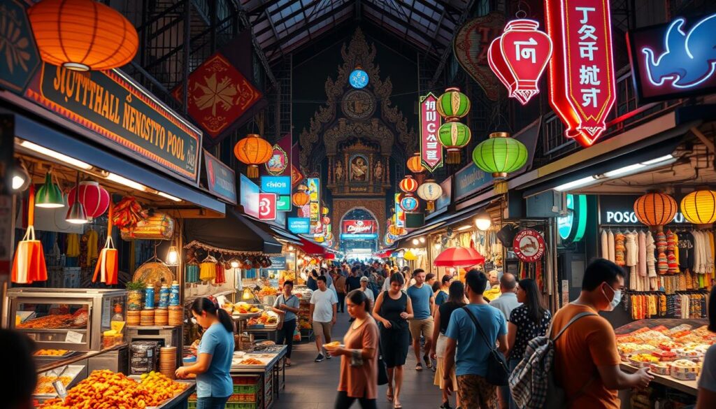 a bustling Thai night market, teeming with life and energy. In the foreground, vibrant food stalls offer an array of sizzling street food, from fragrant curries to sticky rice dishes. Vendors call out to passersby, their stalls adorned with colorful lanterns and lively displays. In the middle ground, shoppers meander through the crowded walkways, browsing handcrafted wares, textiles, and trinkets. The background is a kaleidoscope of neon signs, illuminating the intricate architecture and creating a warm, inviting atmosphere. The air is heavy with the scents of spices and the lively chatter of the community, captured in a cinematic, wide-angle shot that showcases the essential role of night markets in Thai culture.