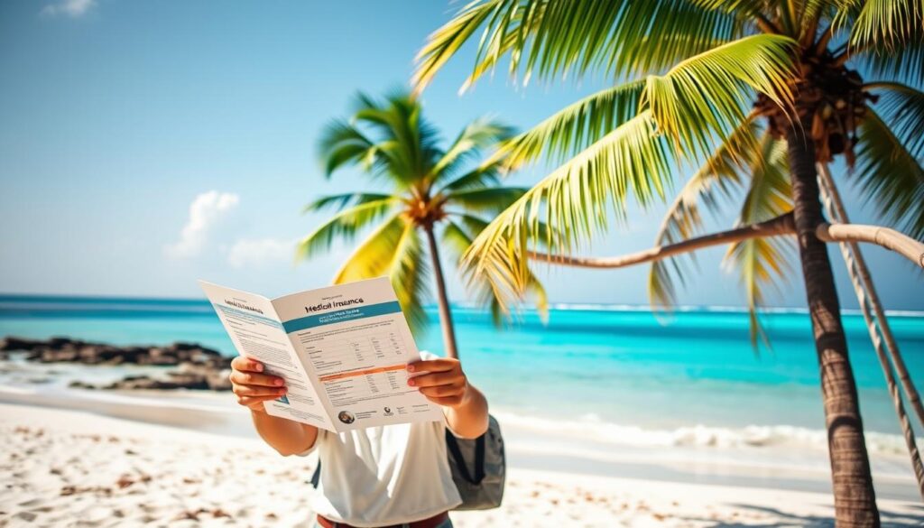 a serene tropical landscape, with a pristine beach, swaying palm trees, and a clear turquoise ocean in the background. In the foreground, a person standing on the beach, holding a medical travel insurance document and reviewing it thoughtfully. The person is dressed in casual, comfortable travel attire, conveying a sense of relaxation and preparation. The lighting is warm and natural, casting a gentle glow over the scene. The overall atmosphere exudes a feeling of safety, tranquility, and the confidence that comes with being properly insured for a medical journey in Thailand.