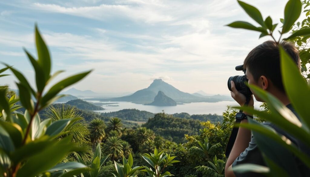 a sweeping vista of lush tropical landscapes in Thailand, with a photographer capturing the scene through a professional-grade camera with a wide-angle lens. The foreground features vibrant green foliage, with soft, diffused natural lighting illuminating the scene. In the middle ground, a picturesque mountain range rises in the distance, its peaks capped with wisps of cloud. The background showcases a serene body of water, its surface reflecting the surrounding beauty. The photographer is positioned to frame the landscape in a visually compelling and balanced composition, using techniques like the rule of thirds to create a harmonious and visually captivating image.