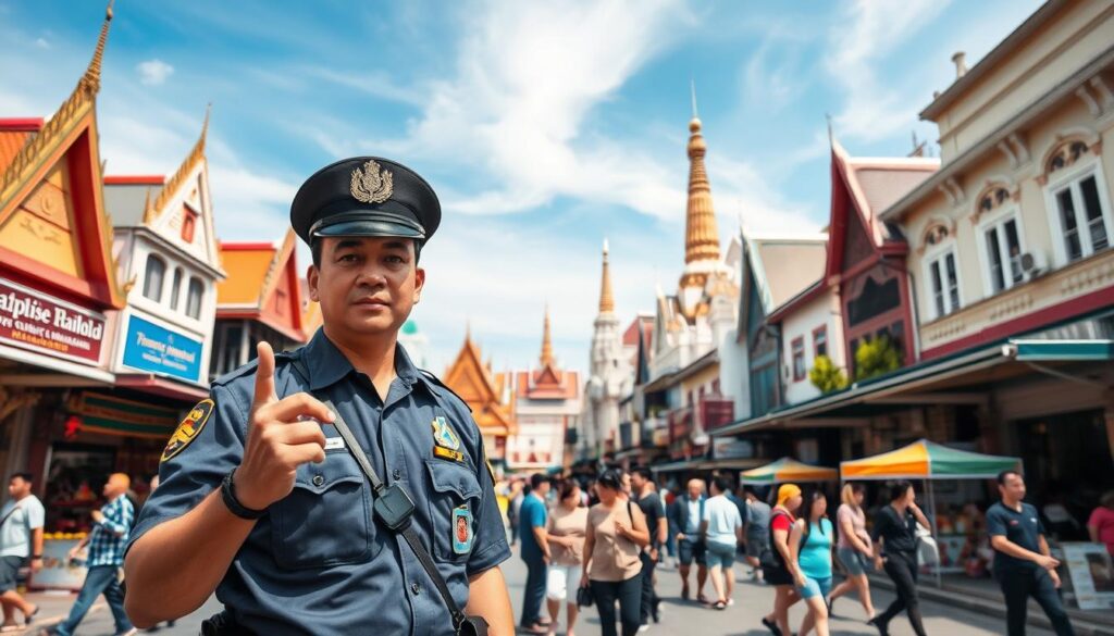 a uniformed officer of the Thailand Tourist Police standing in the foreground, holding a badge and gesturing with one hand, surrounded by a bustling urban scene with colorful buildings, street vendors, and tourists in the middle ground, set against a backdrop of iconic Thai architecture and a clear blue sky with wispy clouds