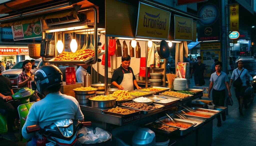 a vibrant street food stall in Bangkok, Thailand, featuring an array of colorful and aromatic dishes, including sizzling pad thai, steaming curries, and freshly grilled satay skewers. The stall is set against a backdrop of bustling city life, with tuk-tuks and pedestrians weaving through the lively scene. Warm, golden lighting casts a inviting glow, highlighting the rich textures and flavors of the traditional Thai fare. The atmosphere is bustling and energetic, capturing the essence of the country's renowned street food culture.