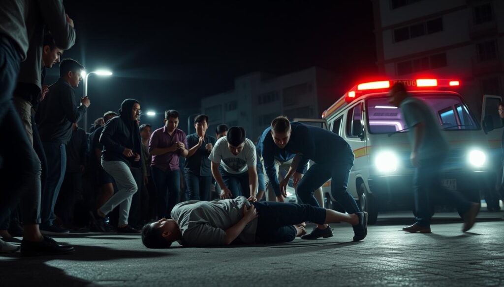 medical emergency thailand, crowd of people rushing to help an injured person lying on the ground, paramedics administering first aid, ambulance with flashing lights in the background, hospital building visible in the distance, harsh overhead lighting casting dramatic shadows, shot from a low angle to emphasize the urgency and chaos of the scene, gritty documentary-style aesthetic, muted color palette with splashes of red from the emergency vehicle, a sense of tension and concern palpable in the atmosphere